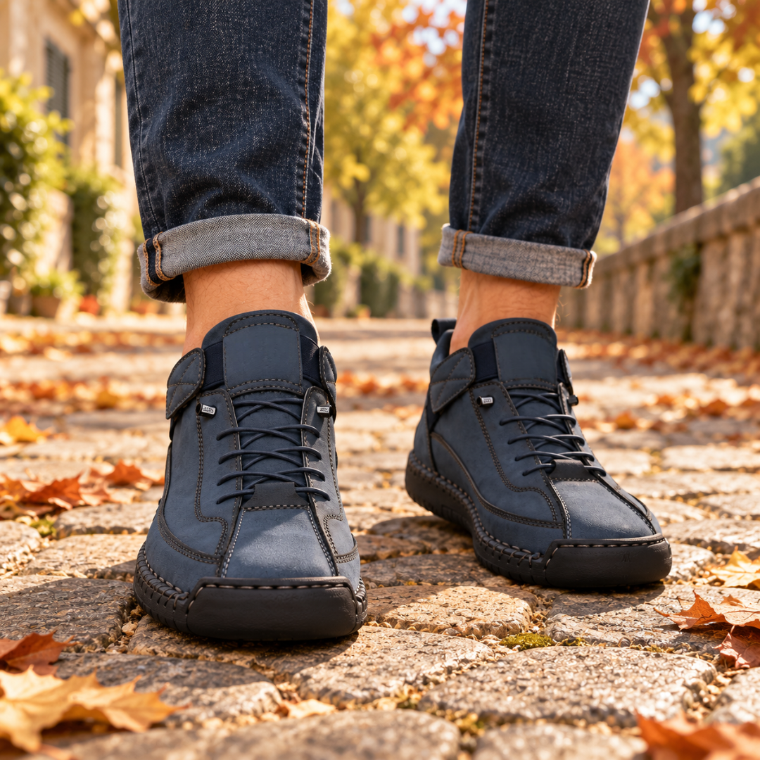 Baskets homme montantes bleu marine à lacets, vue de face sur pavés