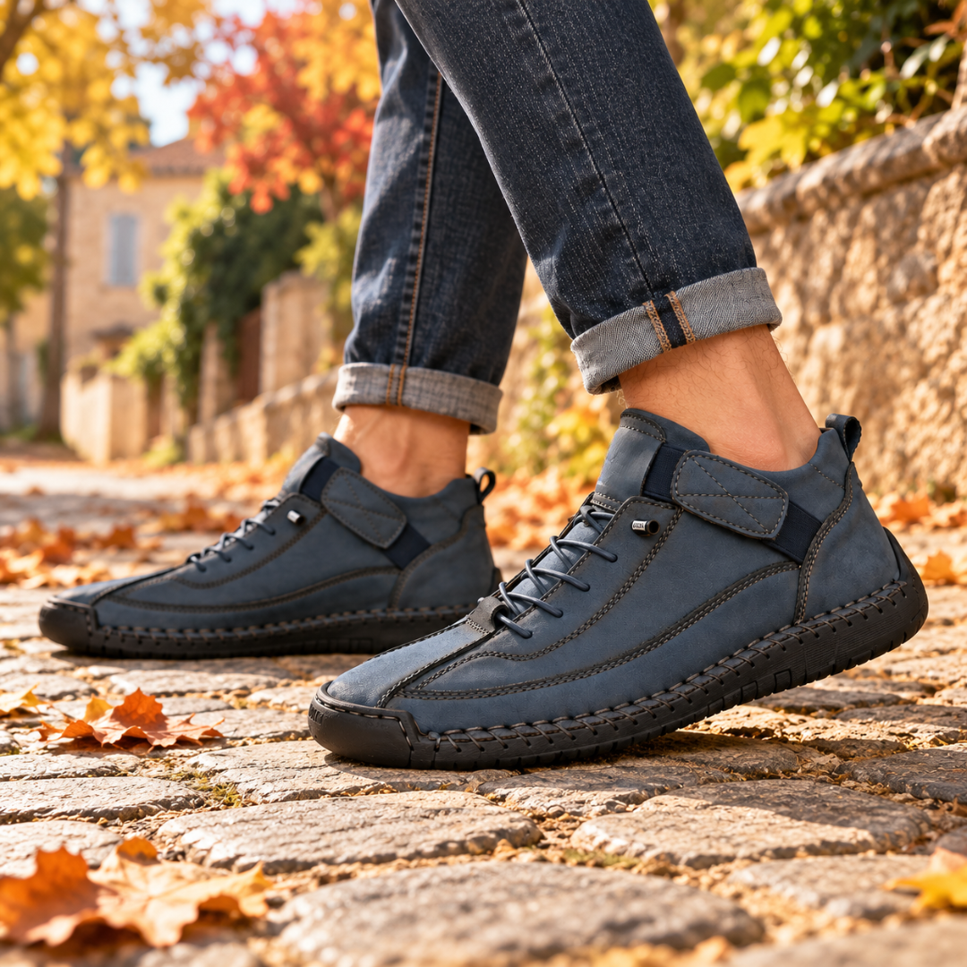 Baskets montantes bleu marine avec patte latérale surpiquée et semelle noire