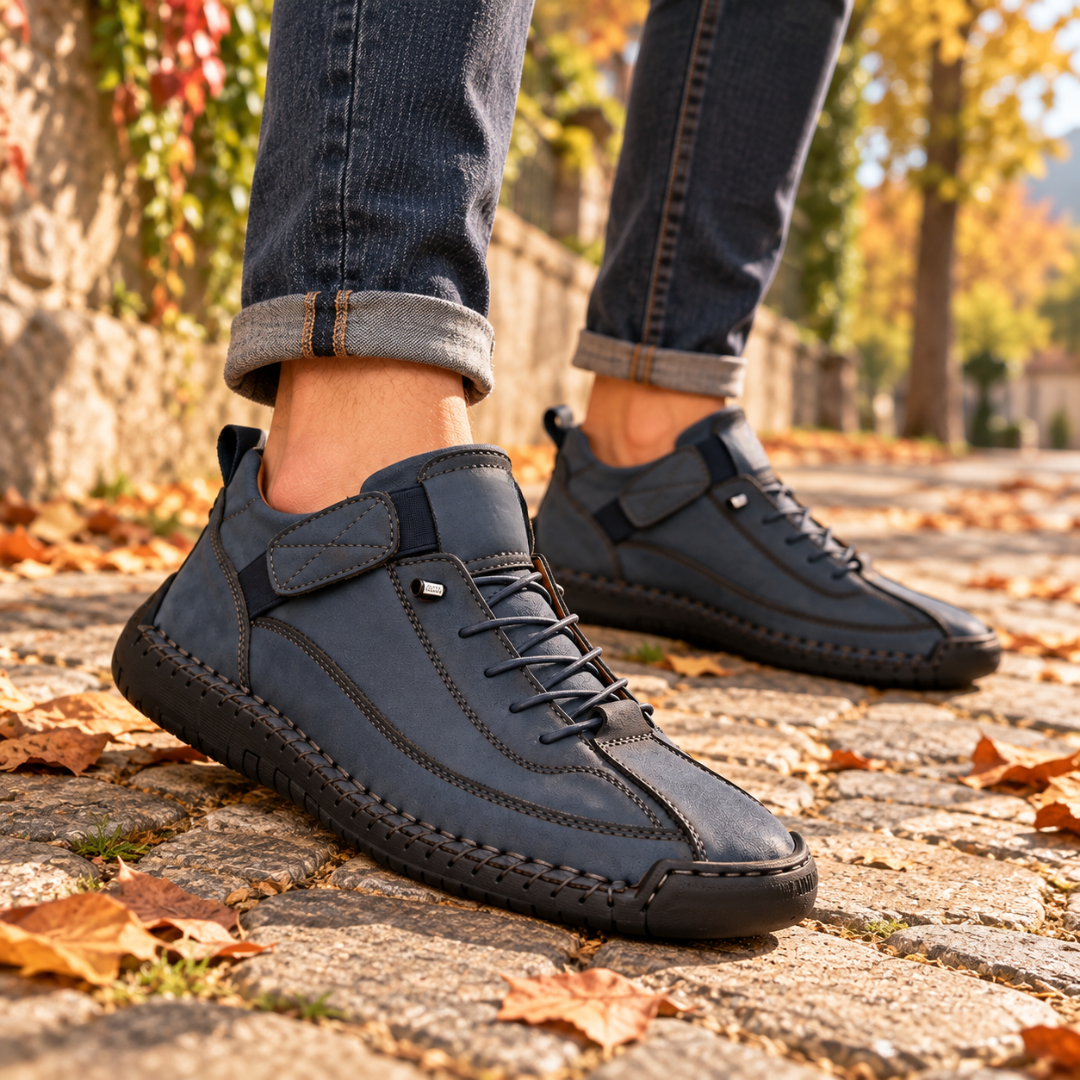 Baskets homme bleu marine de profil, lacets et surpiqûres contrastantes visibles