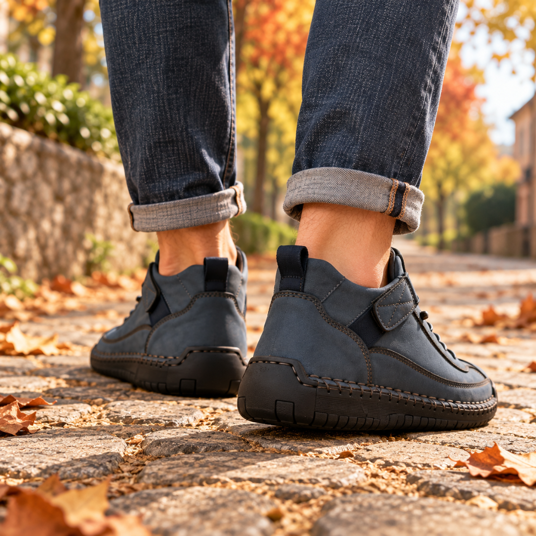 Vue arrière des baskets montantes bleu marine avec tirant et bande élastique