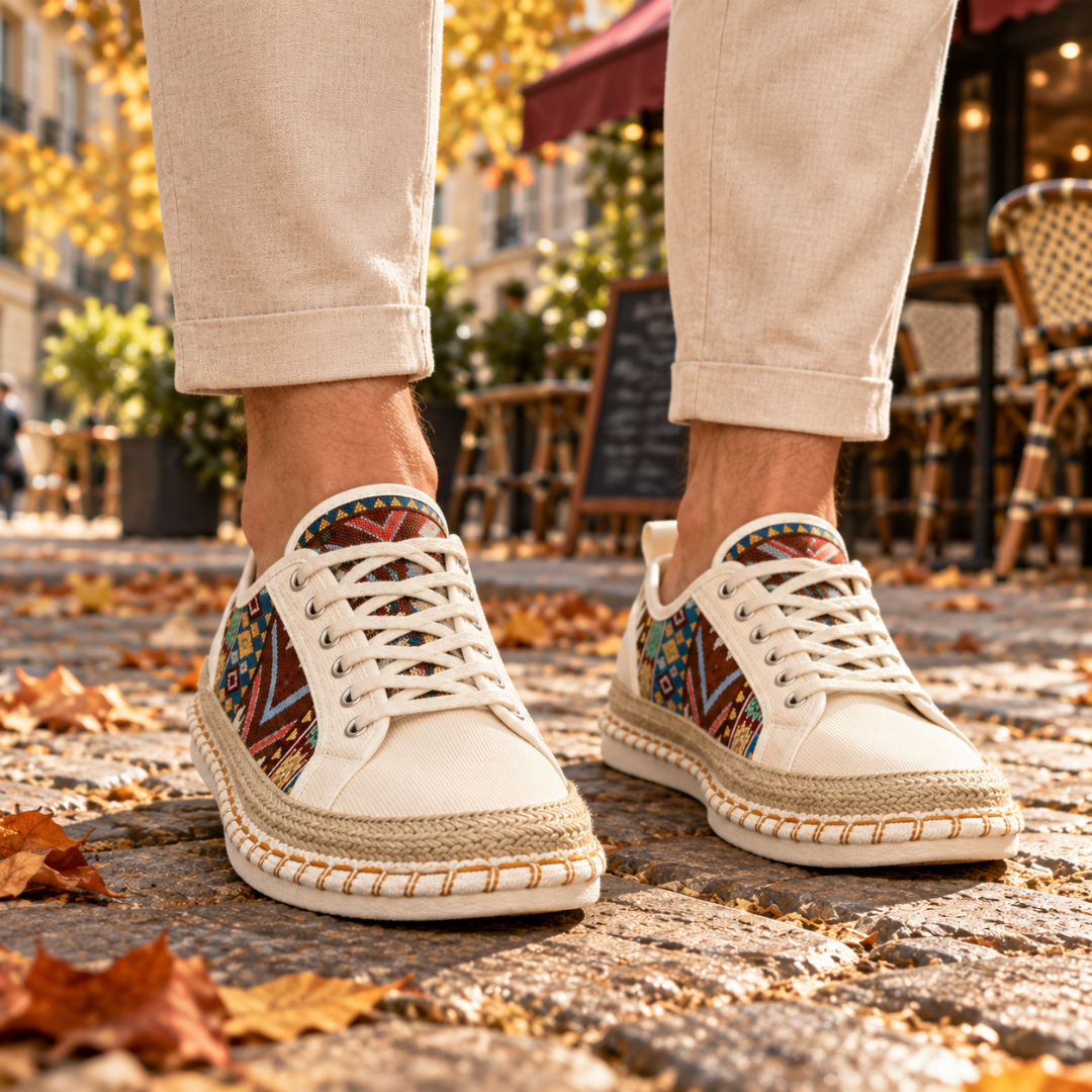 Baskets homme beiges portées, empiècements aztèques colorés et semelle tressée surpiquée