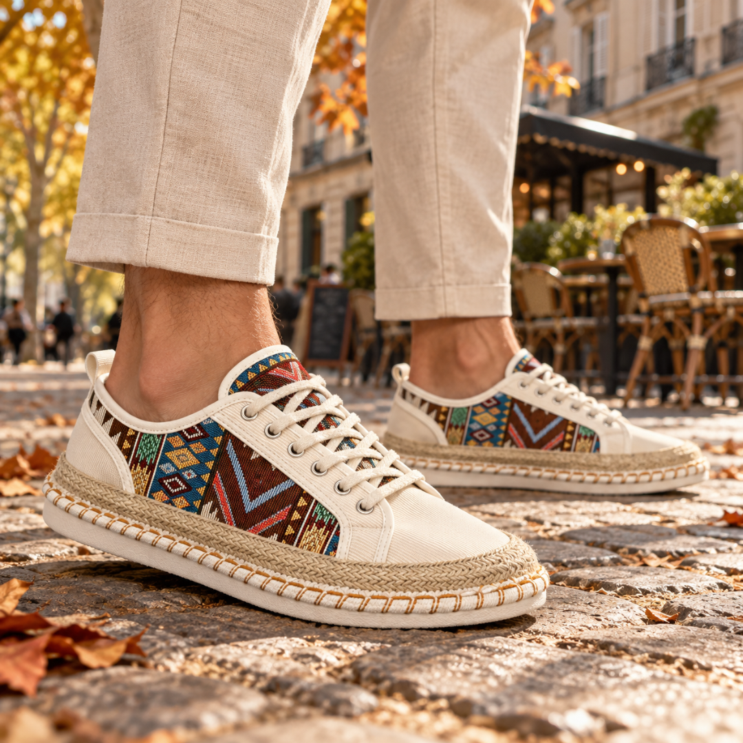 Basket homme beige de profil, motif aztèque bleu et bordeaux sur le côté