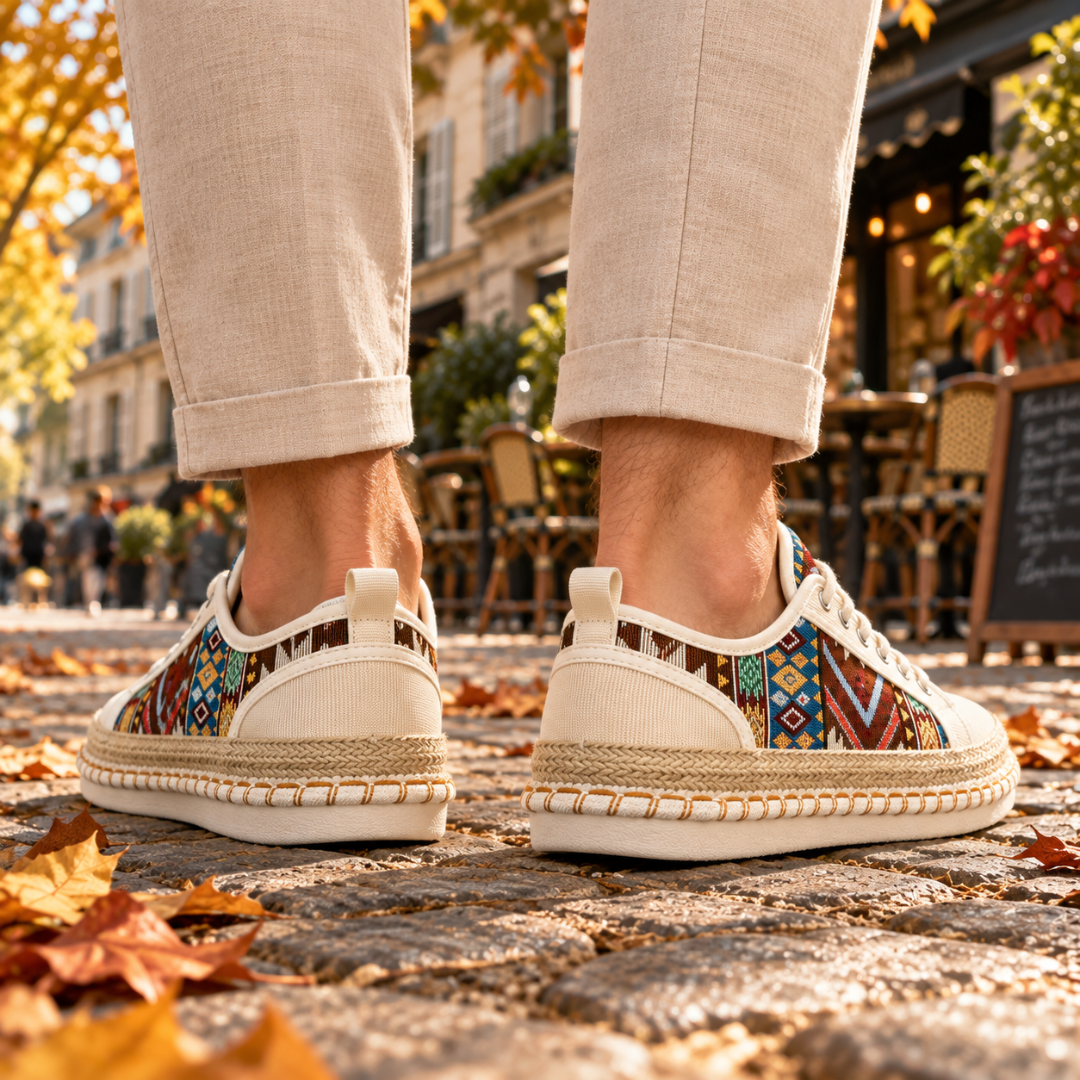 Vue arrière des baskets homme beiges, tirant au talon et motifs aztèques tissés