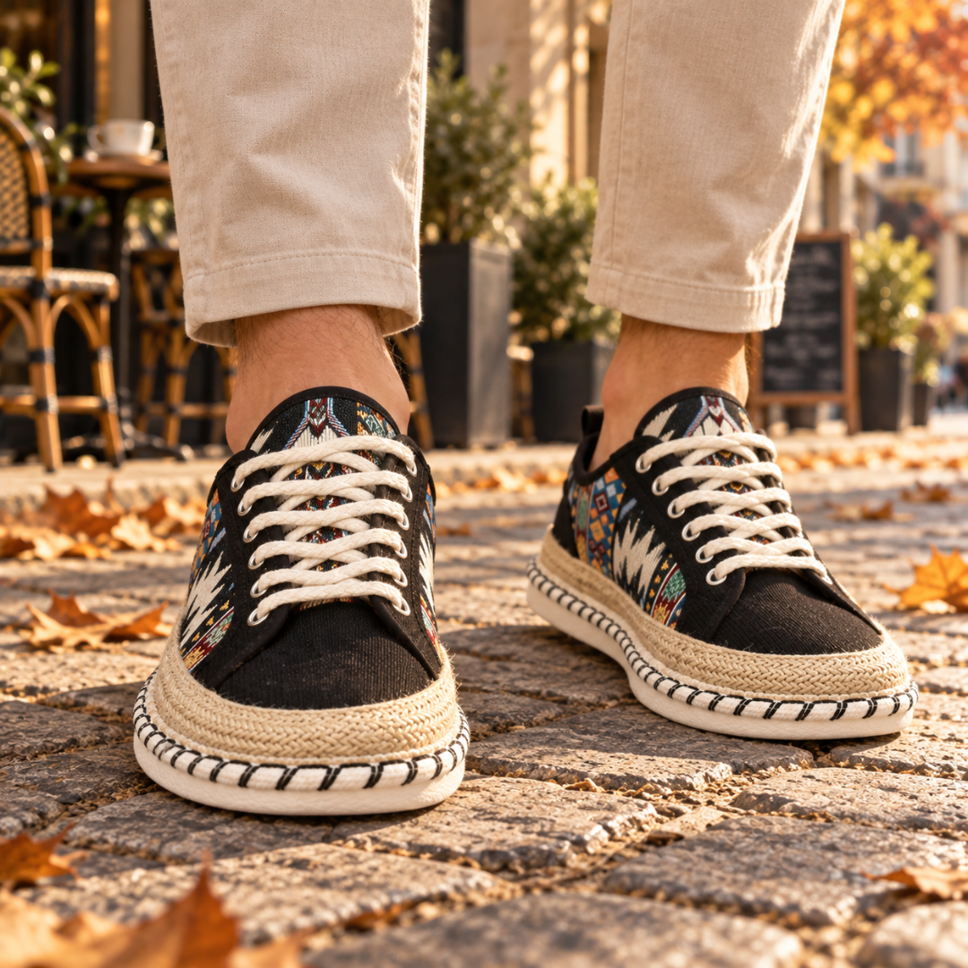 Baskets noires homme vues de face, laçage écru et empiècements aztèques multicolores