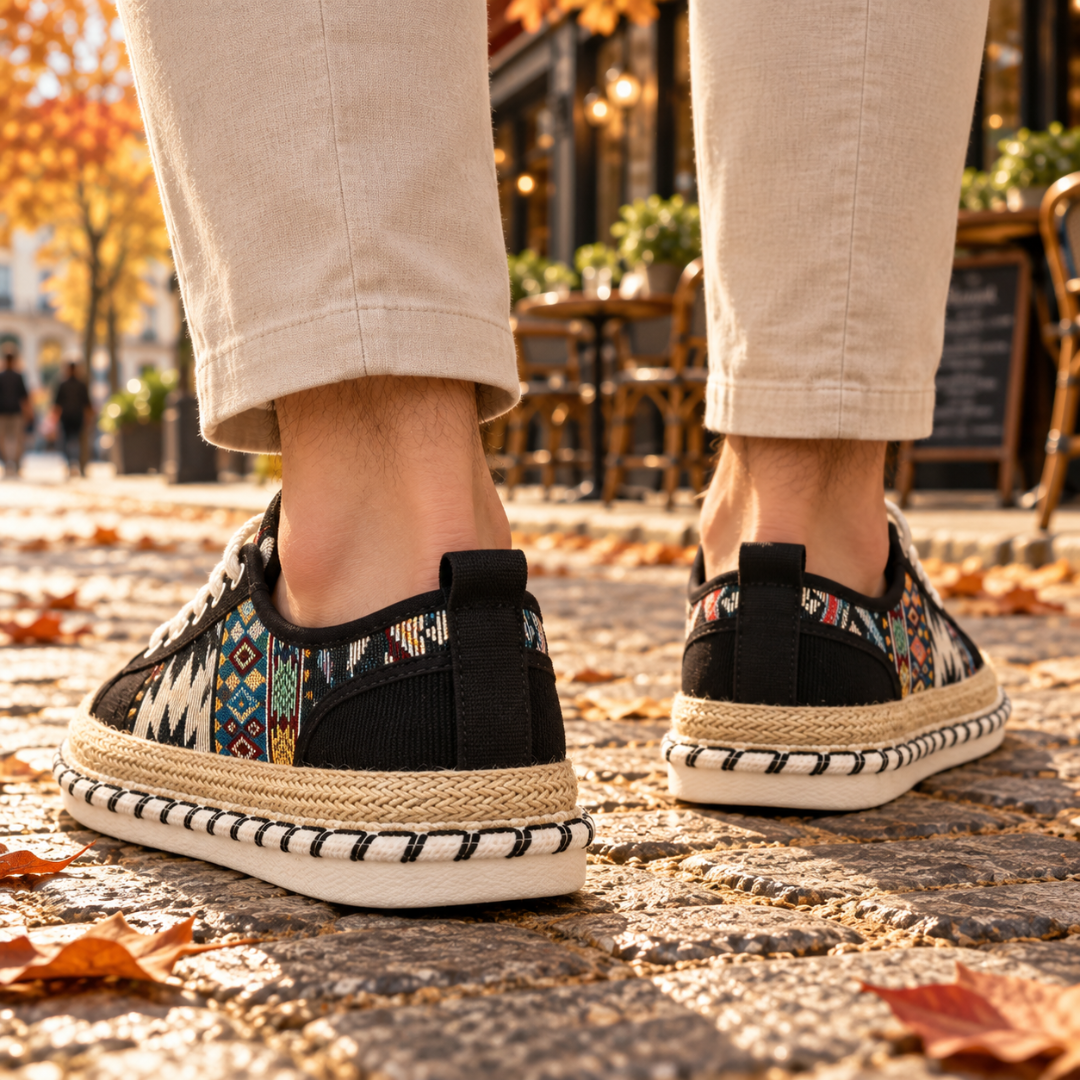 Arrière des baskets homme noires avec tirant, motifs tissés et surpiqûres contrastantes