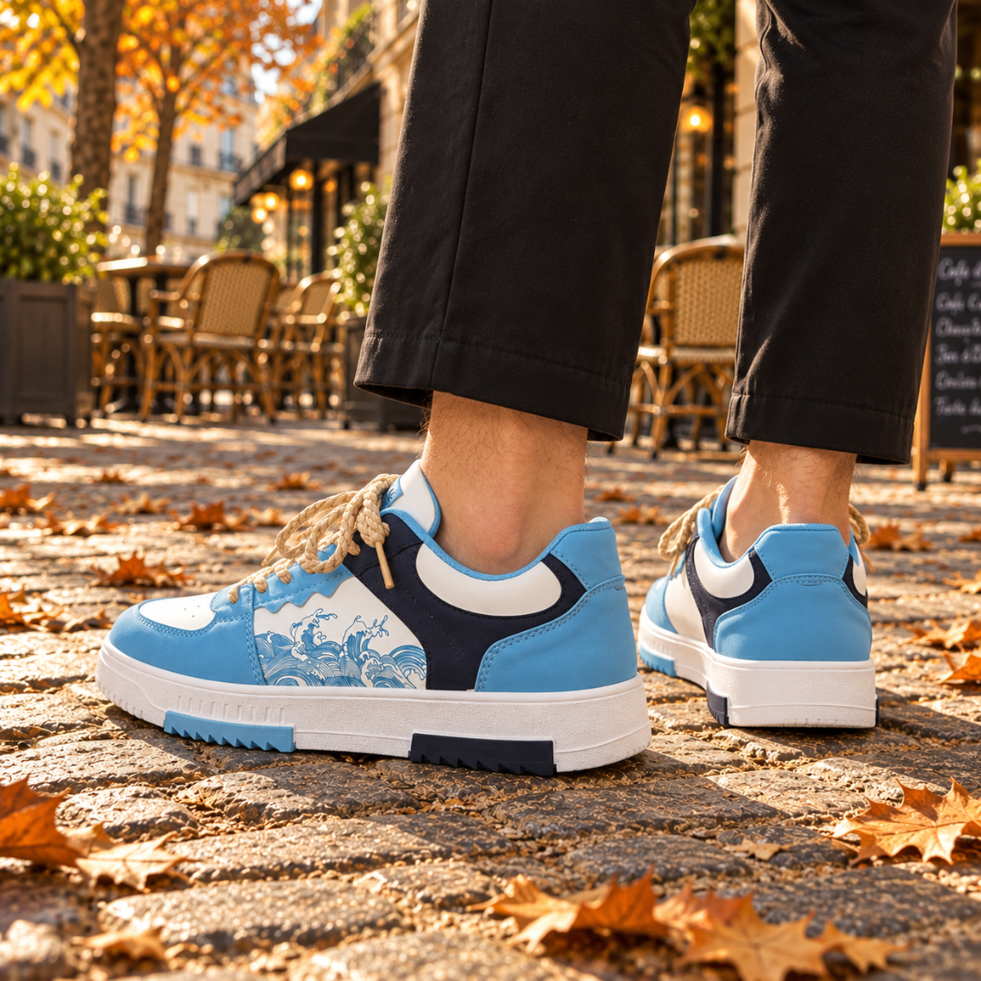 Baskets basses bleu clair vues de profil, talon marine et semelle blanche à crampons