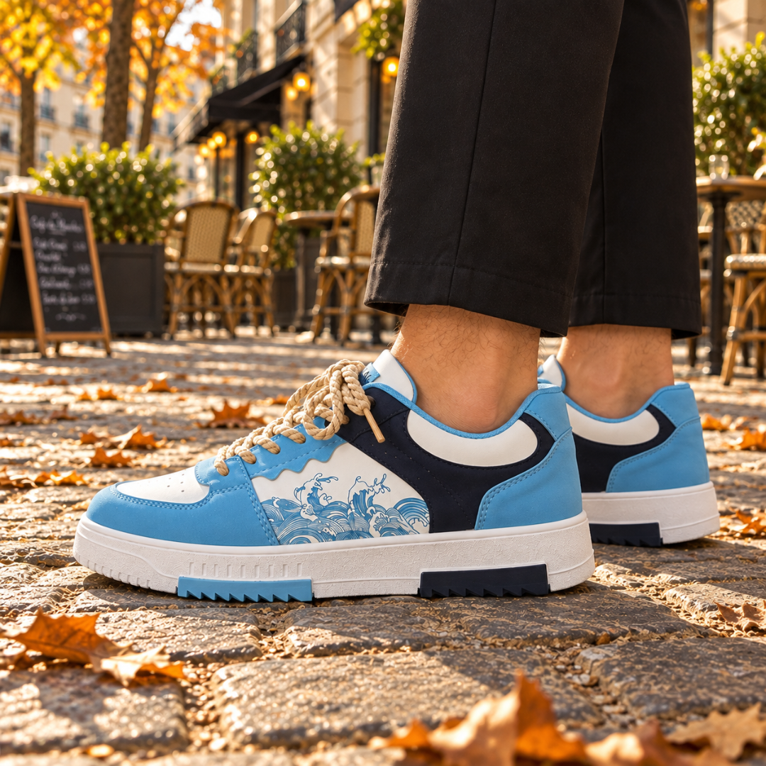 Baskets homme bleu clair et blanches, motif de vagues sur le côté extérieur