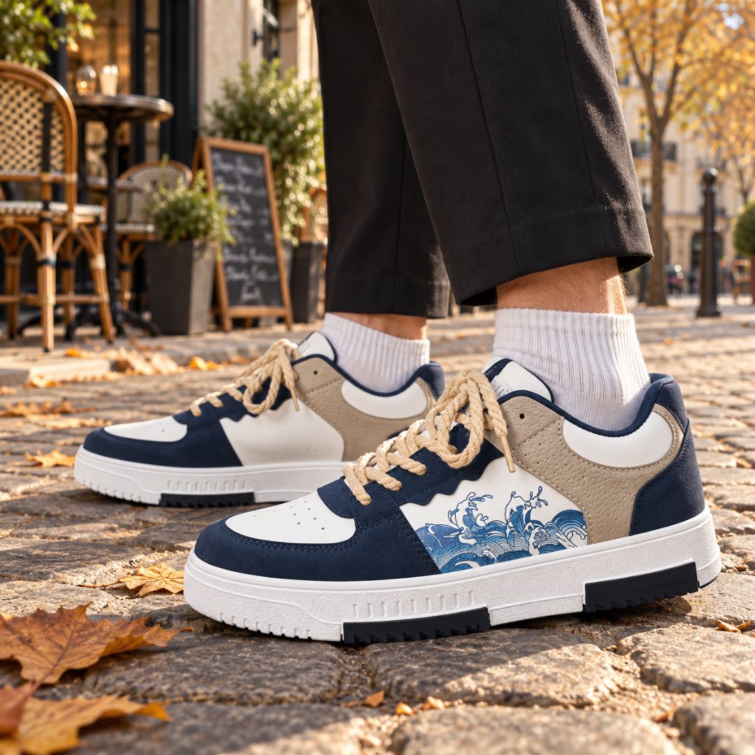 Baskets homme bleu foncé et blanches, empiècement taupe et imprimé de vagues