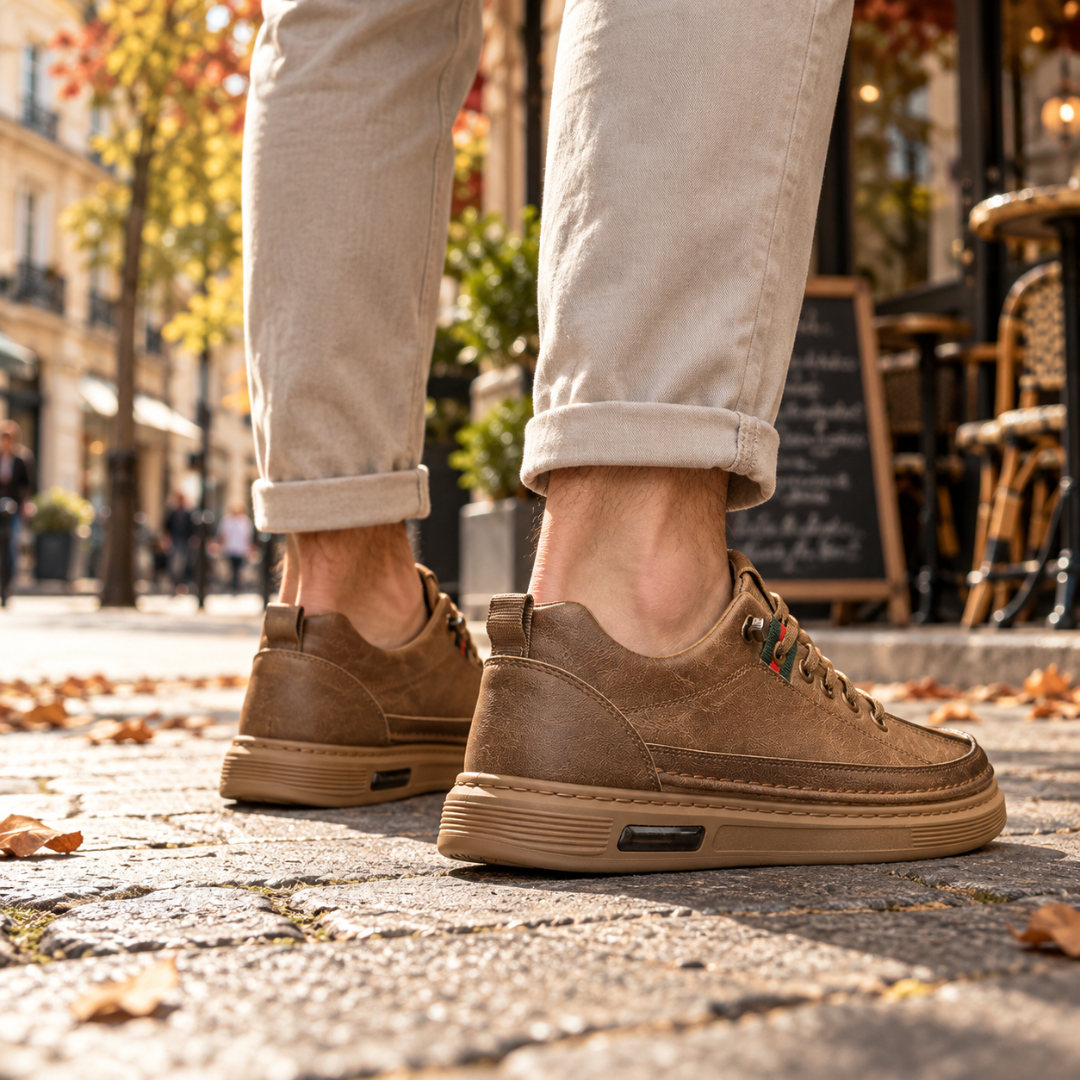 Baskets homme marron vues de dos avec patte de tirage au talon et semelle striée