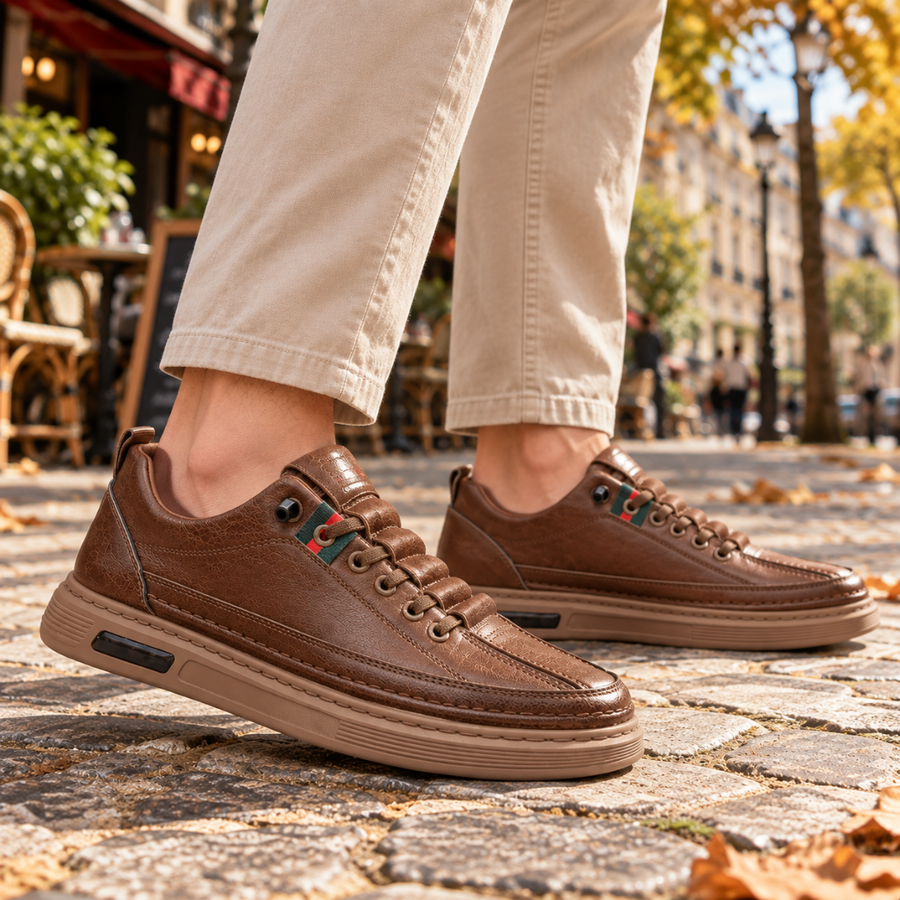 Baskets homme marron vues de trois quarts, lacets ton sur ton et semelle épaisse beige