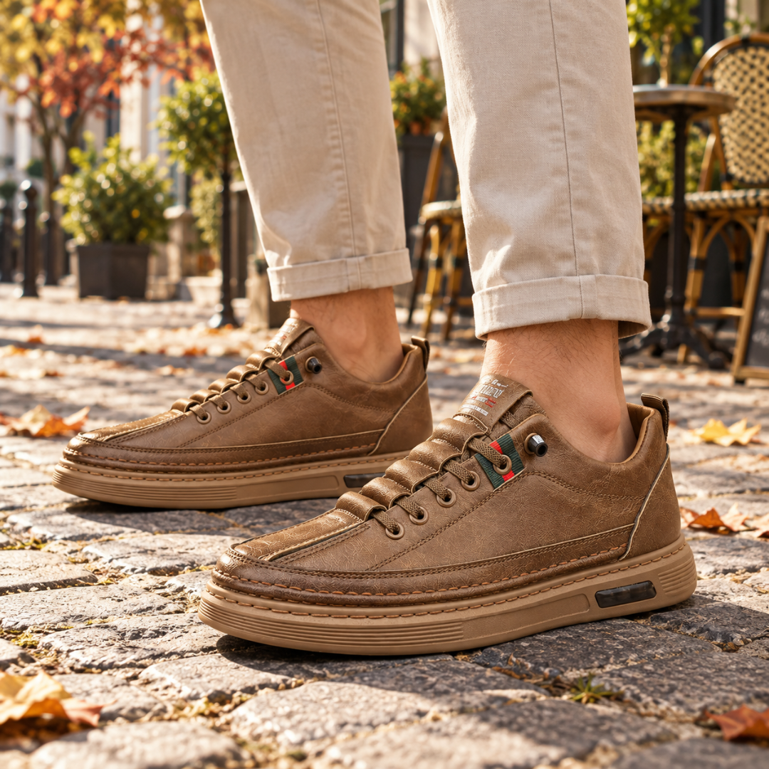 Paire de baskets basses marron avec surpiqûres apparentes et semelle contrastée claire