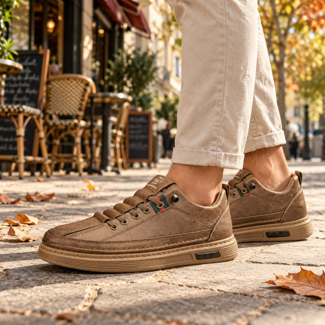 Baskets homme marron de profil, laçage classique et bande rayée sur le col