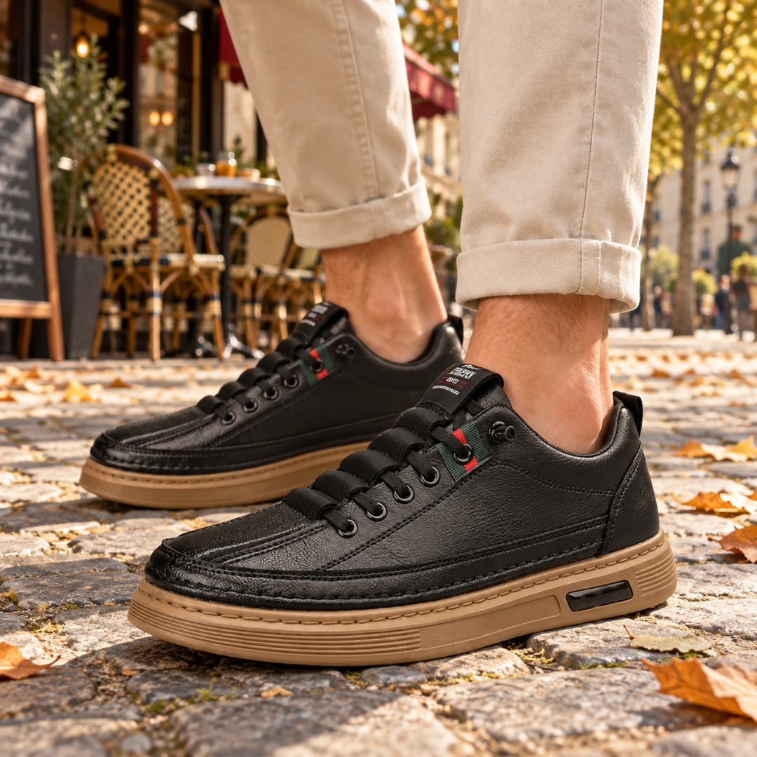 Baskets homme noires à semelle contrastée beige et bande rayée verte et rouge