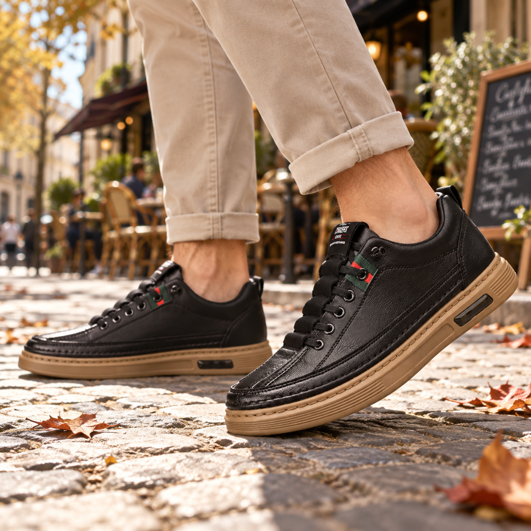 Baskets homme noires portées sur pavés, bout arrondi et semelle contrastée visible