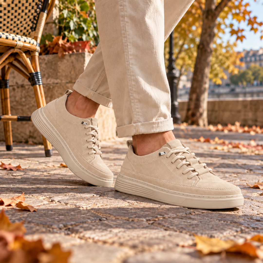 Baskets homme beige à lacets avec semelle épaisse claire, portées en extérieur