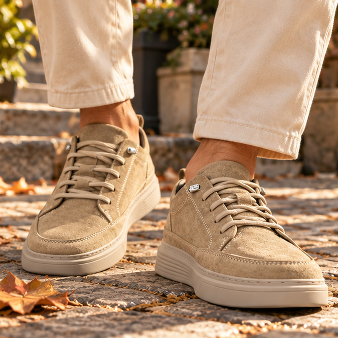 Baskets homme kaki effet daim à lacets portées avec un pantalon clair
