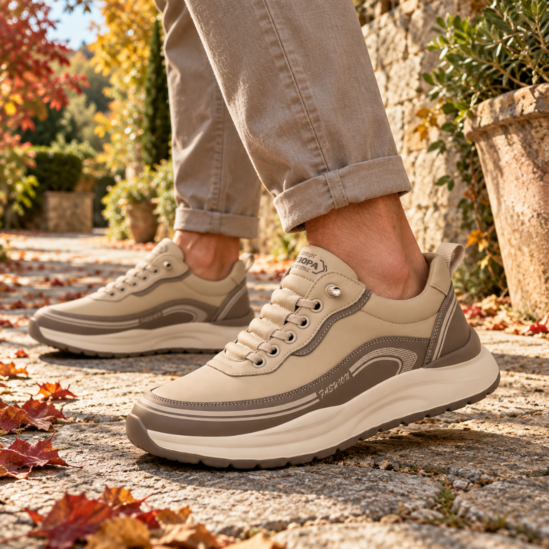 Baskets homme beiges à empiècements taupe et semelle épaisse bicolore crantée
