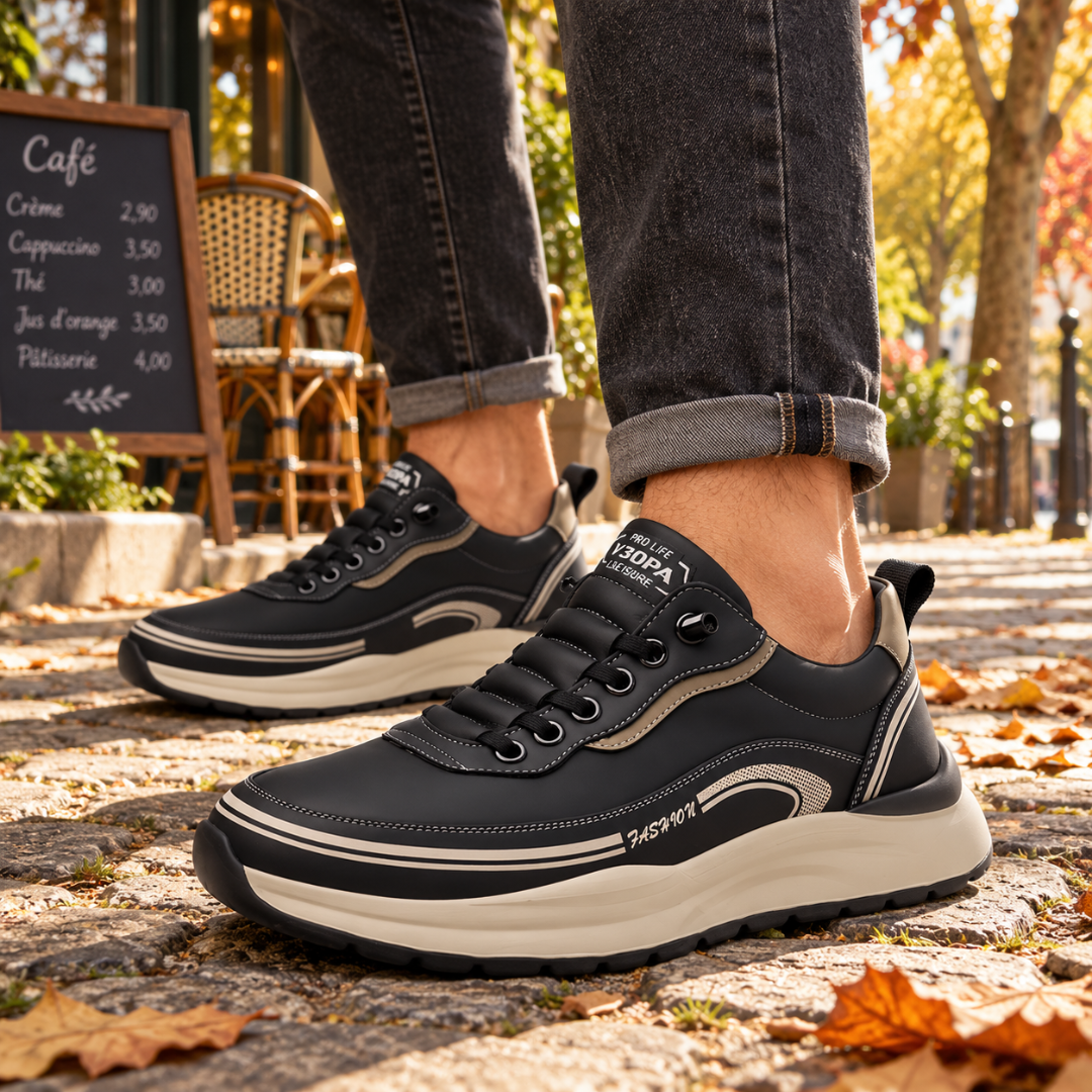 Baskets homme noires à semelle blanche épaisse et détails contrastés beiges