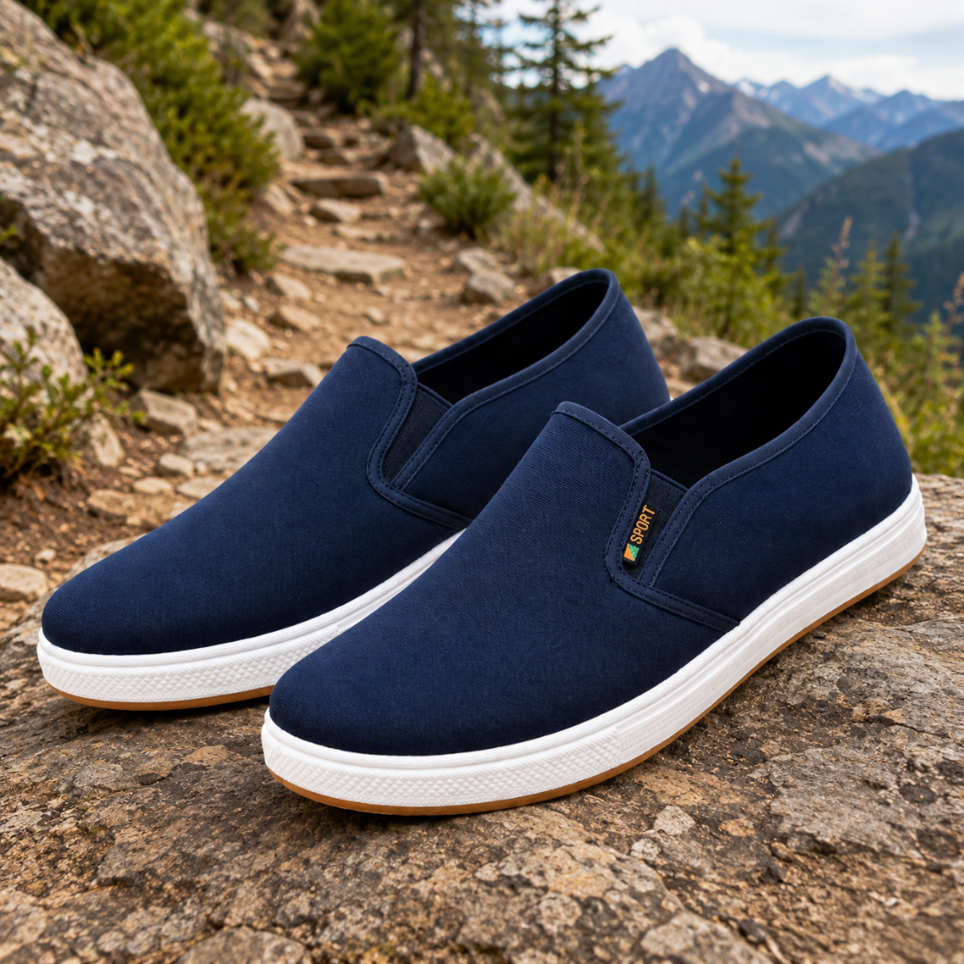 Baskets slip-on homme bleu marine posées sur un chemin extérieur pierreux