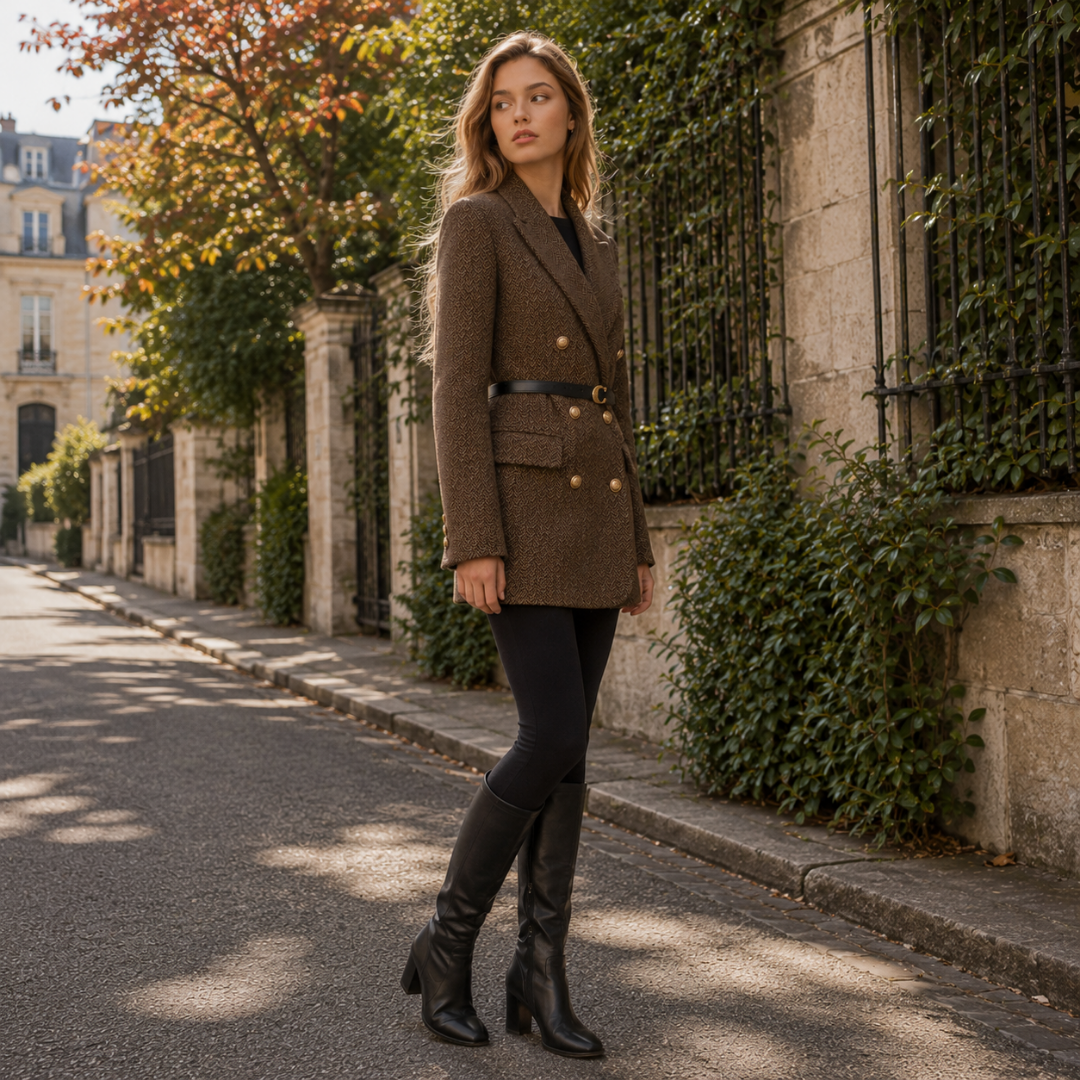 Blazer croisé marron porté de trois quarts, col à revers cranté et rabat de poche