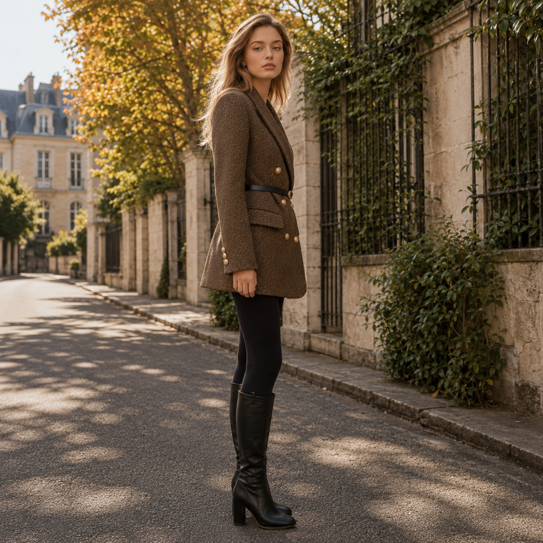 Vue de profil du blazer marron ceinturé avec petits boutons dorés au poignet