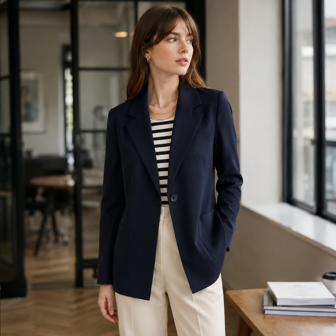 Blazer bleu marine ouvert sur un haut rayé, poches placées sur les hanches