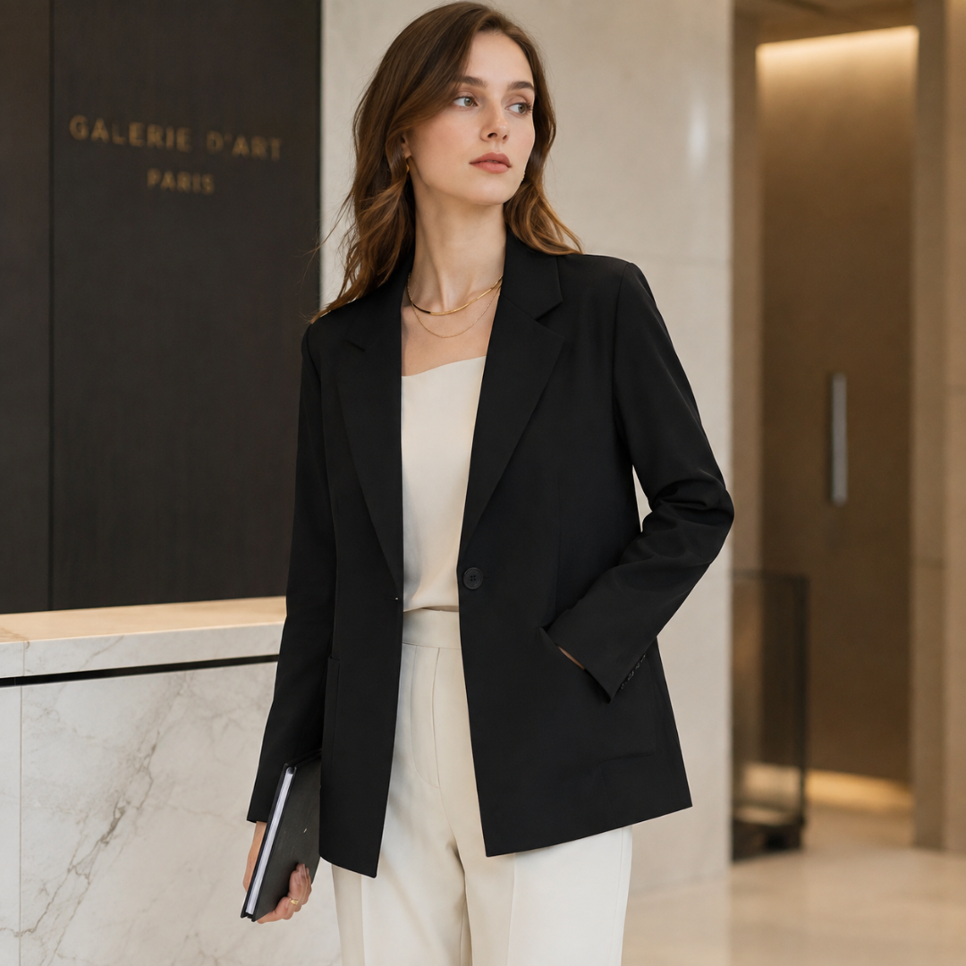 Blazer noir à un bouton porté avec un pantalon clair, poches plaquées à l'avant