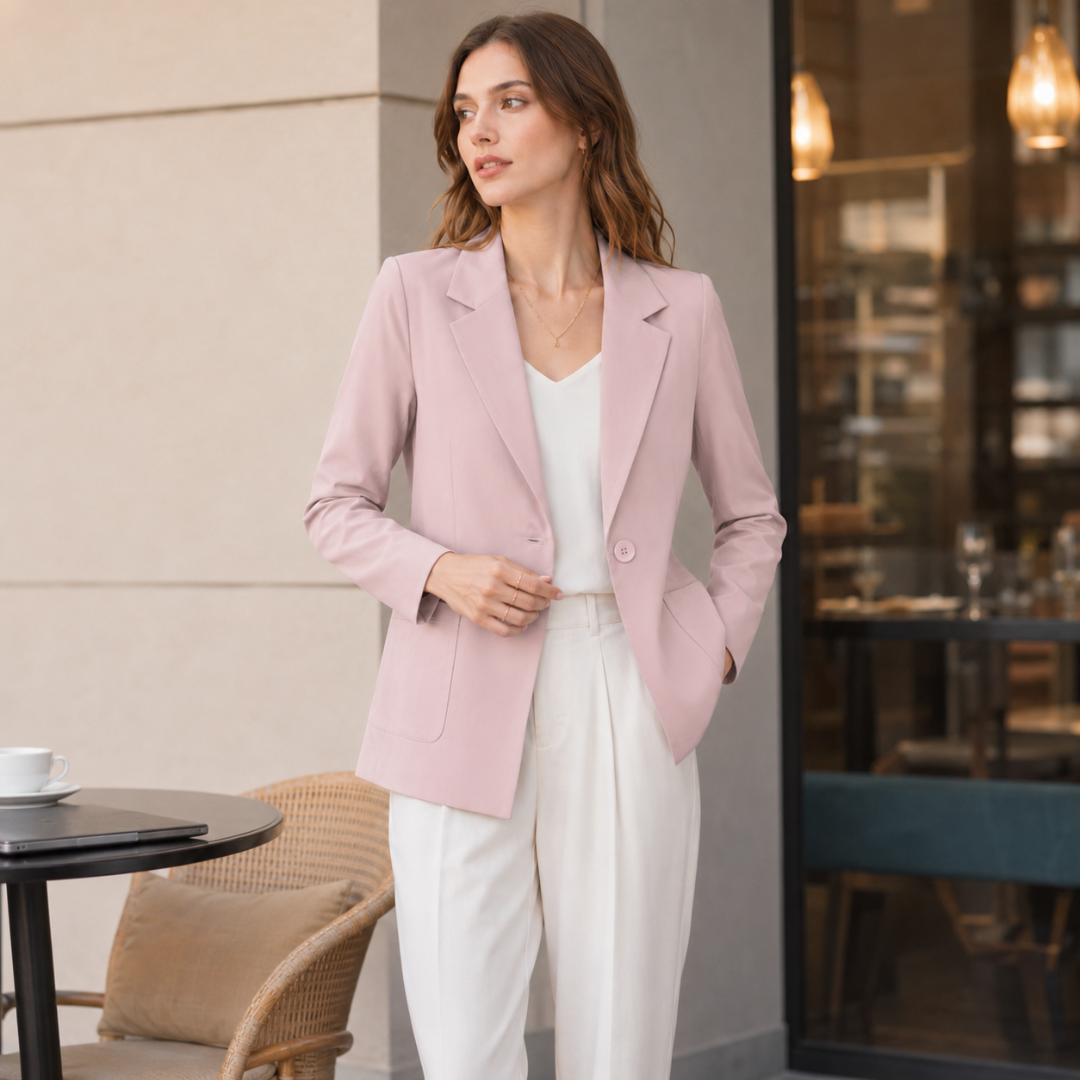 Blazer rose vu de face, fermeture un bouton et grandes poches plaquées devant