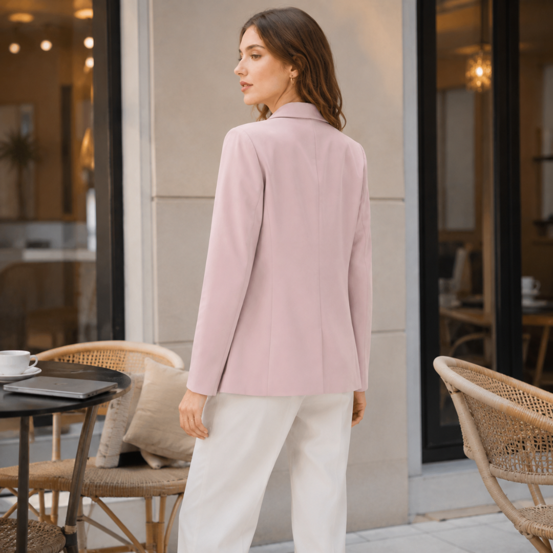 Blazer rose vu de dos, couture centrale et coupe droite couvrant la hanche