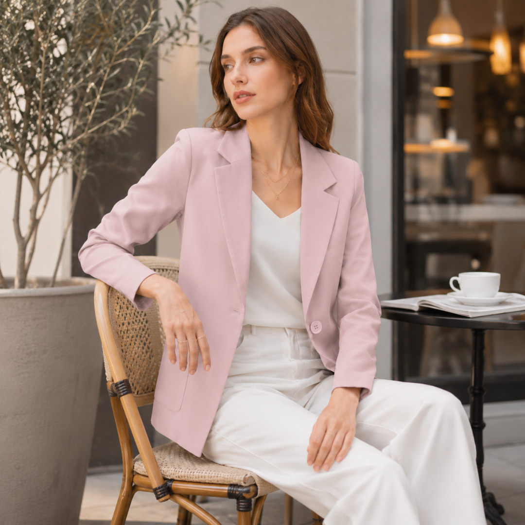 Blazer rose porté par une femme assise en terrasse, manches longues et larges revers