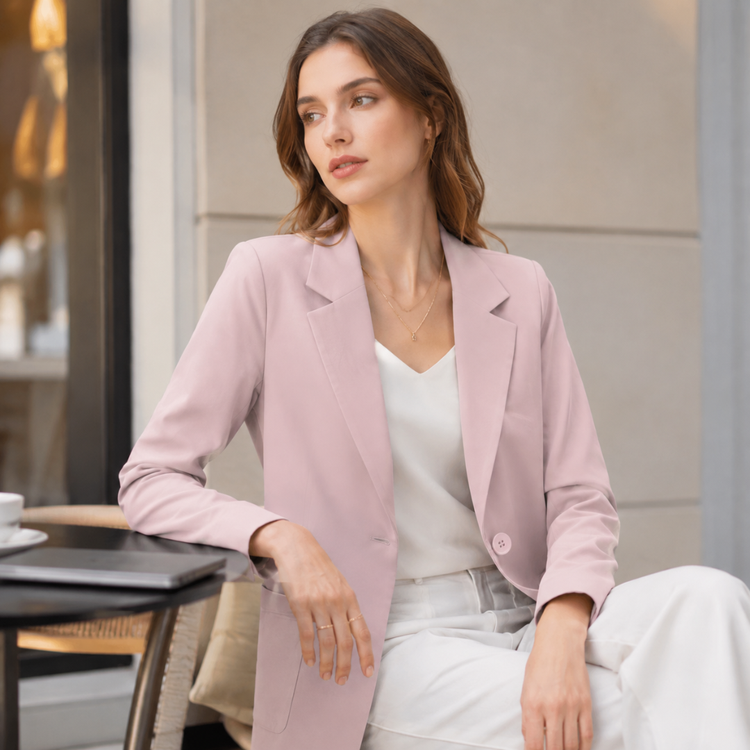 Blazer rose en plan rapproché, bouton ton sur ton et col cranté net