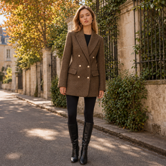 Blazer femme marron chiné à double boutonnage doré, porté en rue parisienne