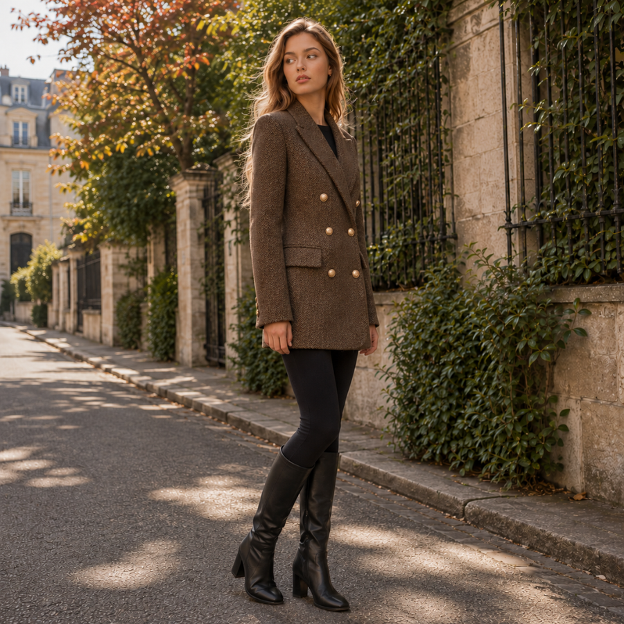 Blazer marron croisé avec boutons dorés et poches à rabat, pose de trois quarts
