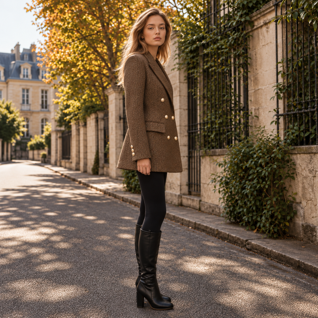 Vue de profil du blazer marron chiné, boutons dorés aux poignets