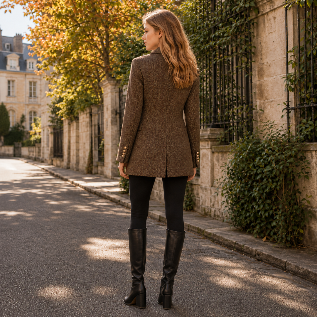 Dos du blazer marron à fente centrale et épaules structurées, en extérieur