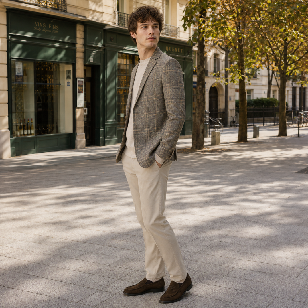 Blazer homme à carreaux ton beige porté ouvert avec pantalon clair en rue