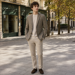 Blazer homme carreaux beige de face, col cranté et fermeture à deux boutons