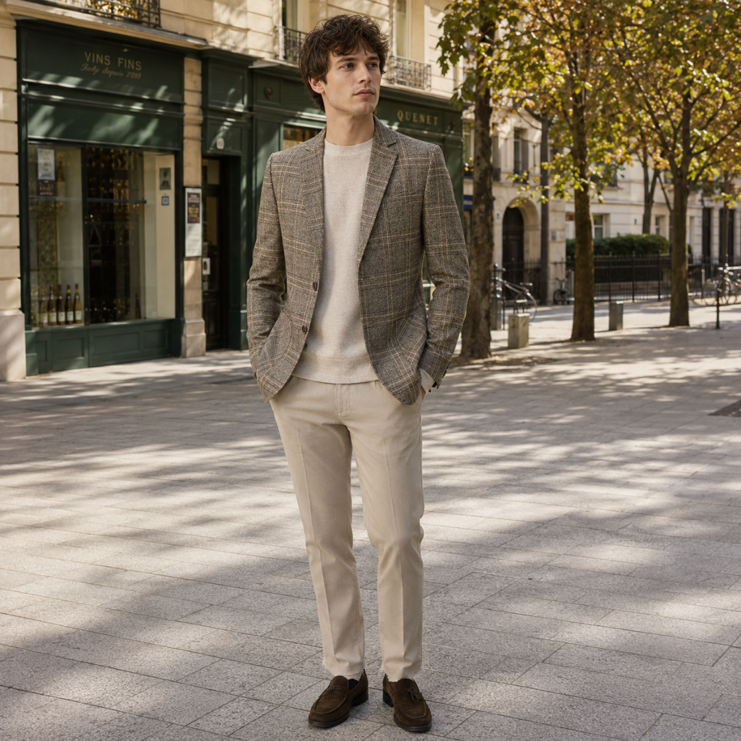 Blazer homme carreaux beige de face, col cranté et fermeture à deux boutons