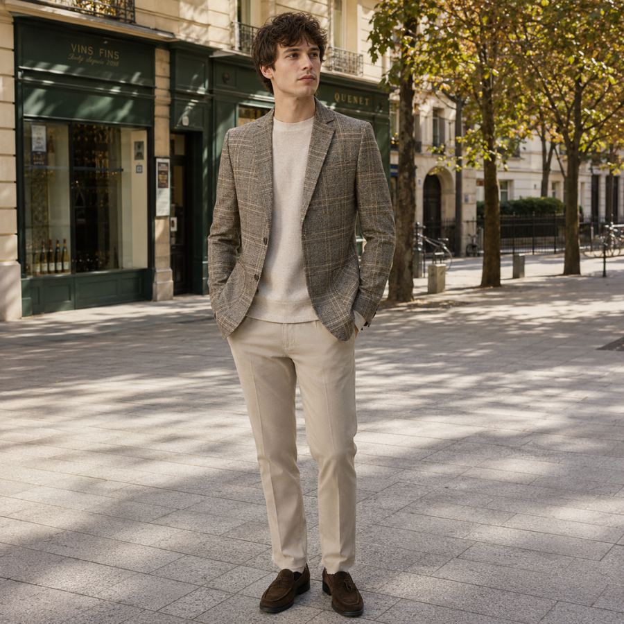 Blazer homme carreaux beige de face, col cranté et fermeture à deux boutons