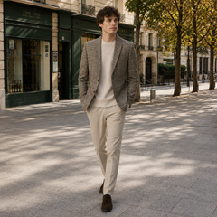 Blazer homme à carreaux beige en marche, poches plaquées et manches longues