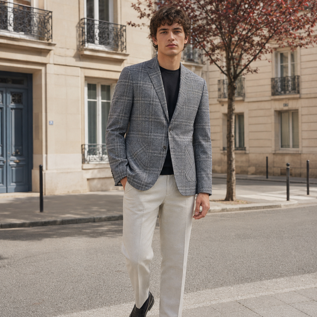 Blazer homme à carreaux gris avec col cranté et poche poitrine, vue de face