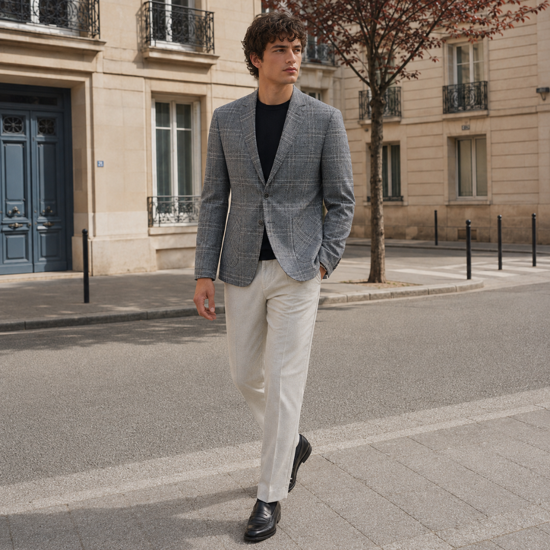 Blazer homme carreaux gris boutonné, poches plaquées, porté avec pantalon clair