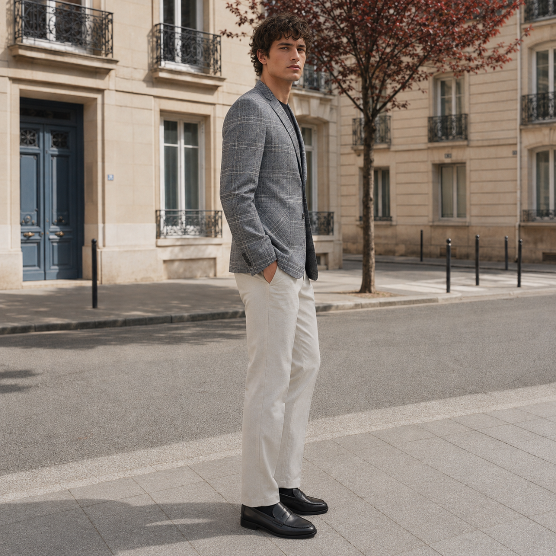 Blazer homme à carreaux gris de profil, boutons de manches et poche latérale