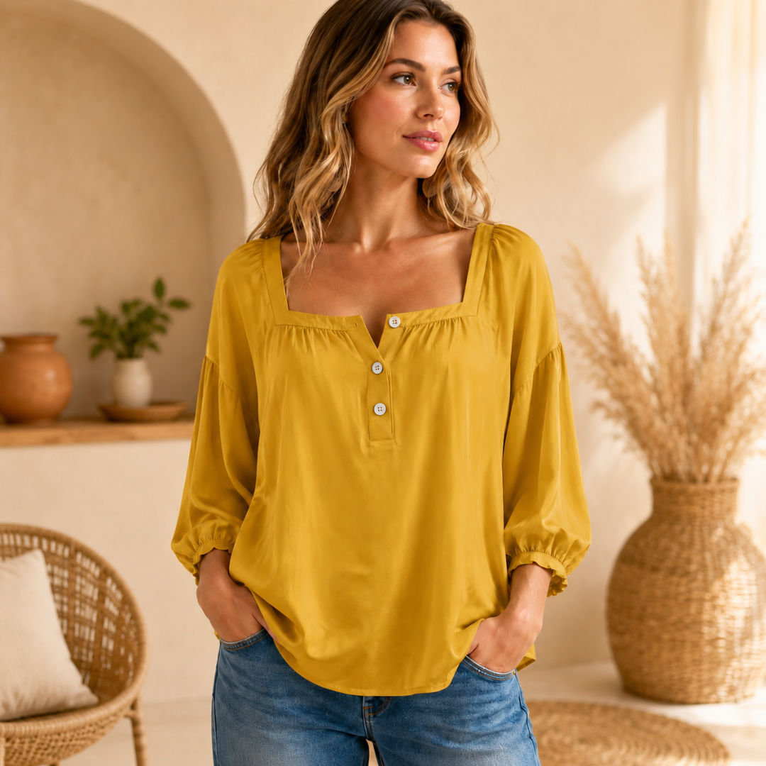 Blouse femme jaune tournesol vue de face avec boutons apparents