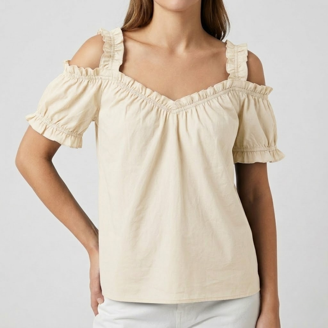 Blouse femme épaules dénudées col V volants couleur beige vue face