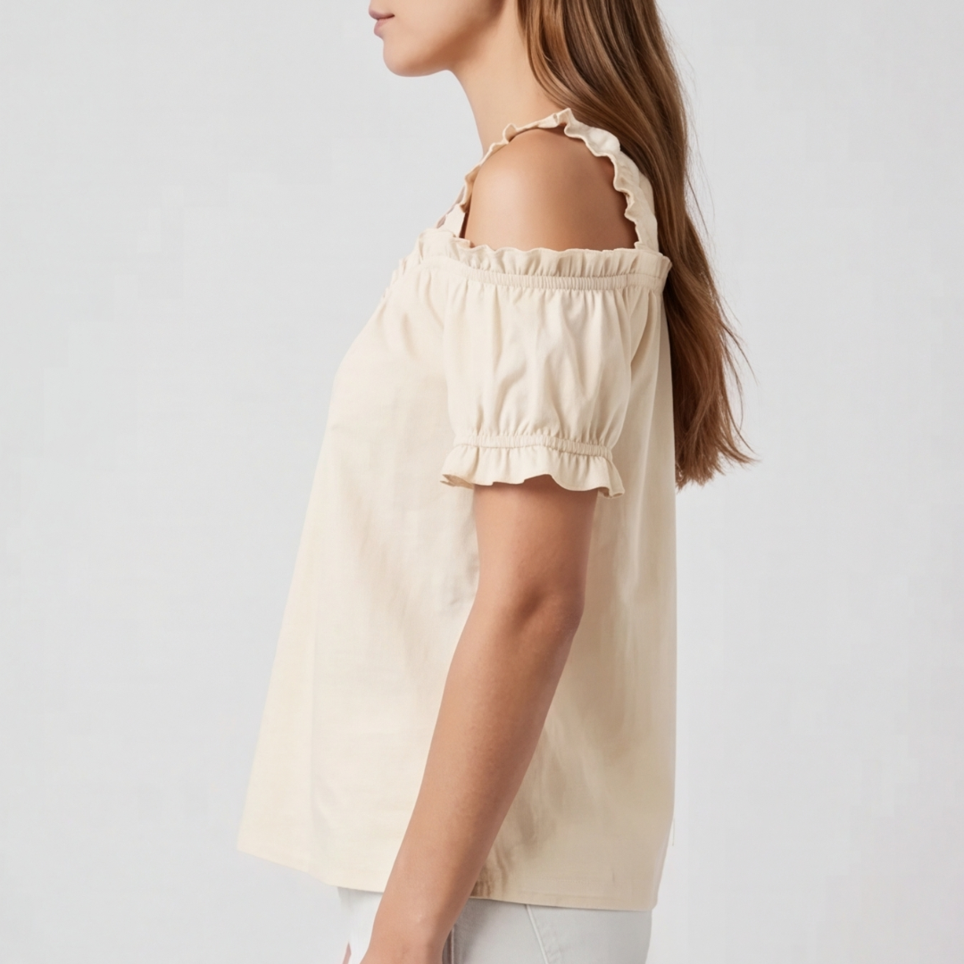 Blouse Nella beige vue de dos épaules dénudées manches courtes
