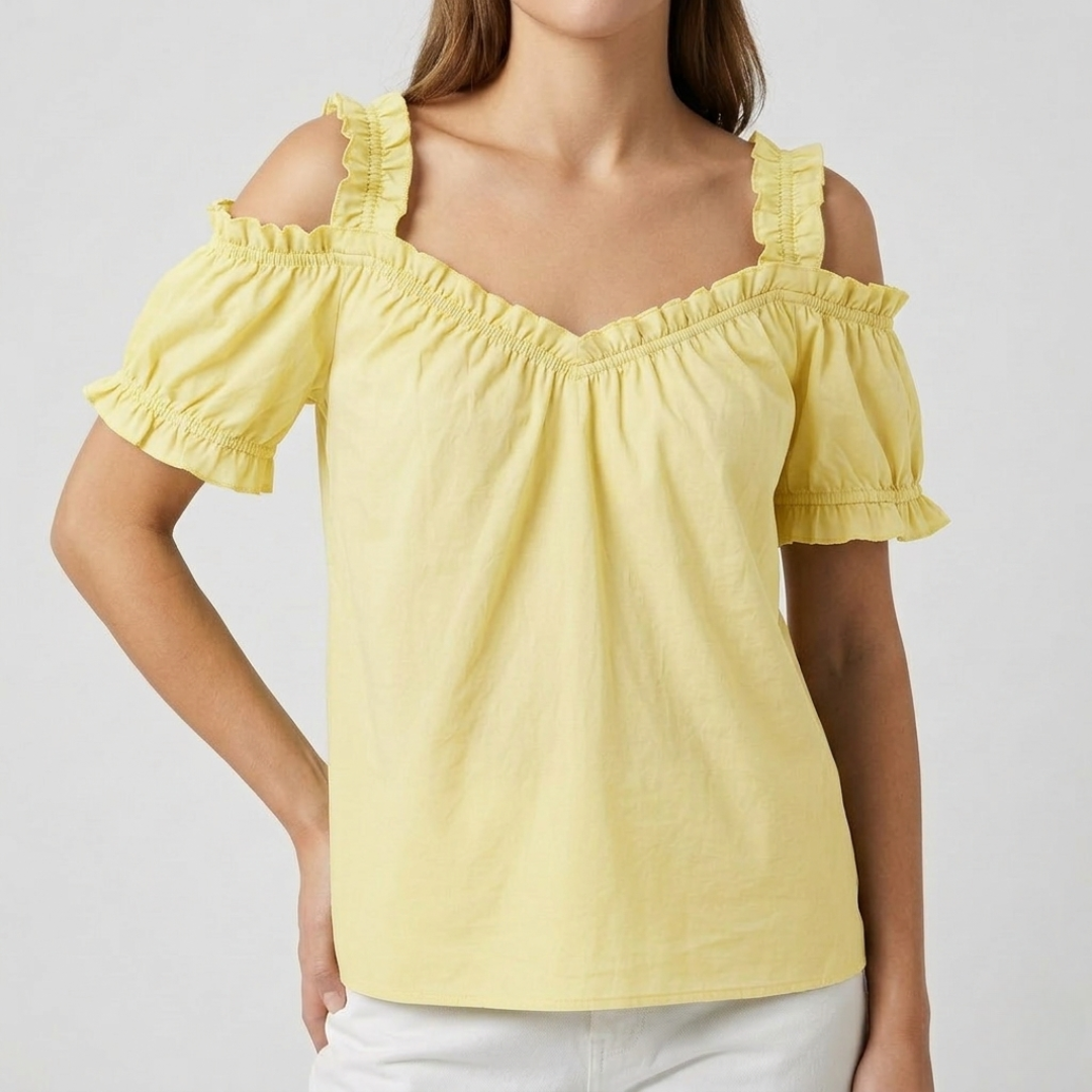 Blouse Nella jaune manches courtes volantées épaules dénudées