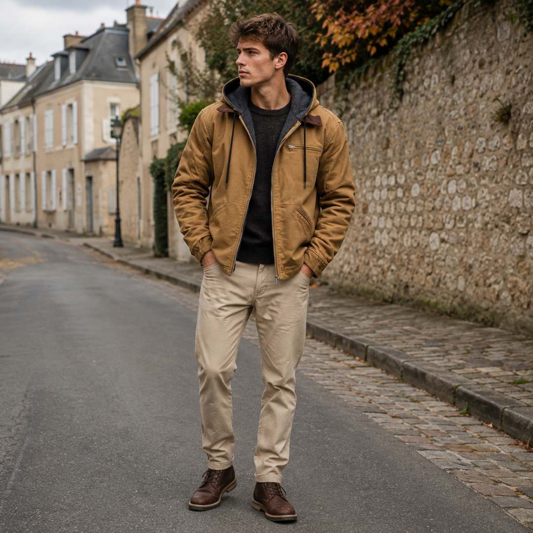 Blouson homme camel à capuche contrastée, poche poitrine zippée et poches devant