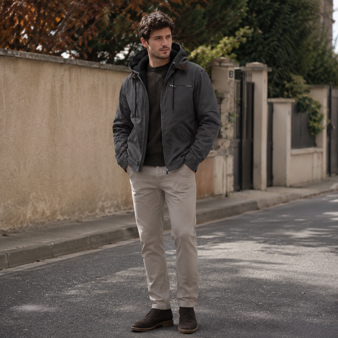 Blouson homme gris foncé à capuche relevée et poche poitrine zippée