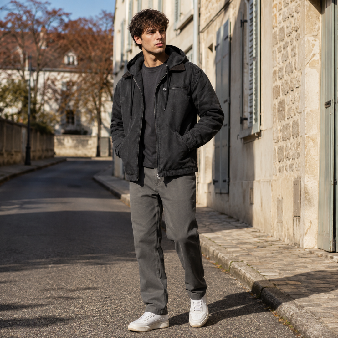 Blouson homme noir à capuche à cordon, porté ouvert avec pantalon gris